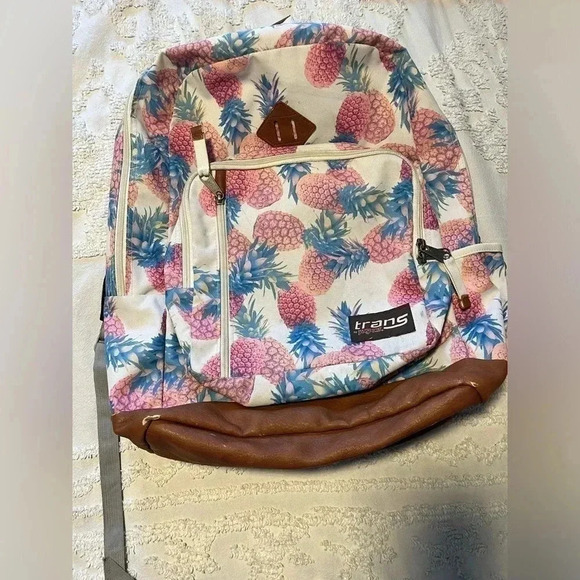Trans by Jansport Pineapple Pattern Laptop Bag Leather Bottom Backpack - Picture 1 of 4